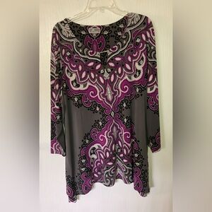 JM Collection Purple Paisley-Print Long Sleeve Tunic Top